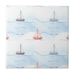 Sailing Boats and Seagulls Seamless Pattern Ceramic Tile