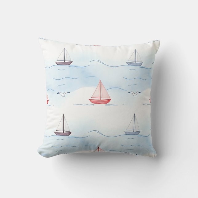 Sailing Boats and Seagulls Seamless Pattern Cushion (Front)