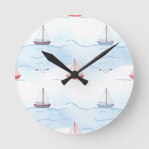 Sailing Boats and Seagulls Seamless Pattern Round Clock
