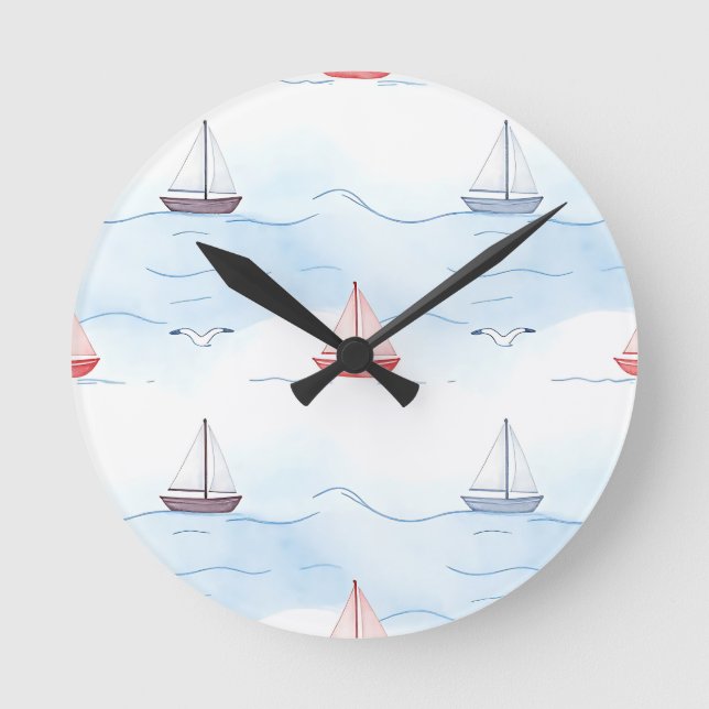 Sailing Boats and Seagulls Seamless Pattern Round Clock (Front)