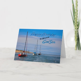 Sailing boats at anchor birthday card for Godson