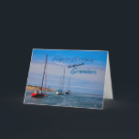Sailing boats at anchor birthday card for Grandson<br><div class="desc">A row of sailing boats at anchor on a calm sea.</div>