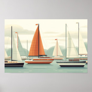Sailing Boats Graphic Illustration Drawing Poster