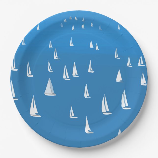 Sailing Boats in deep blue Sea - Regatta Sailboats Paper Plate (Front)