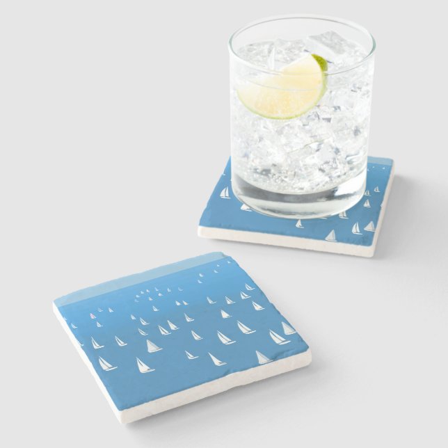 Sailing Boats in deep blue Sea - Regatta Sailboats Stone Coaster (Side)