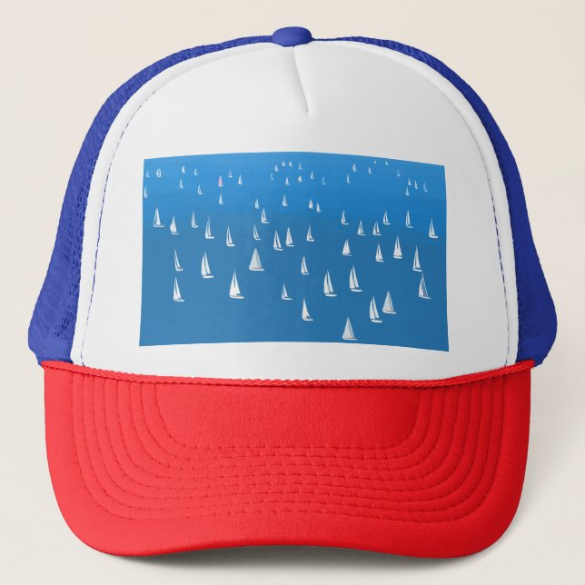 Sailing Boats in deep blue Sea - Regatta Sailboats Trucker Hat (Front)