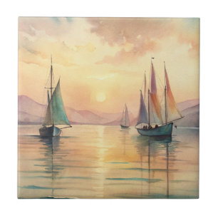 Sailing Boats in Sunset Ceramic Tile
