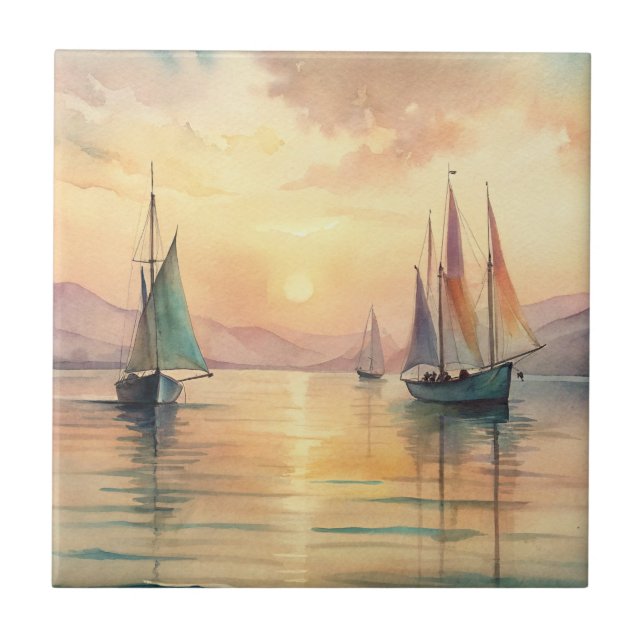 Sailing Boats in Sunset Ceramic Tile (Front)