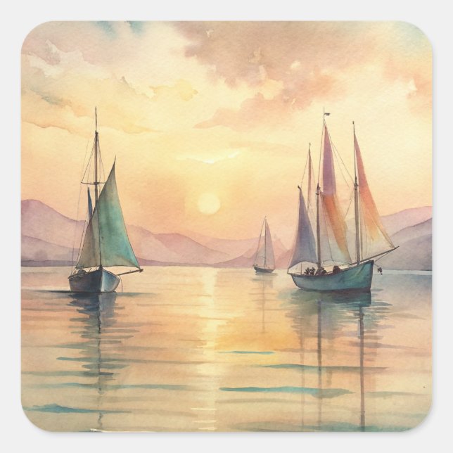 Sailing Boats in Sunset Square Sticker (Front)