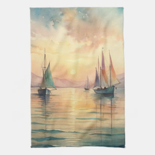 Sailing Boats in Sunset Tea Towel
