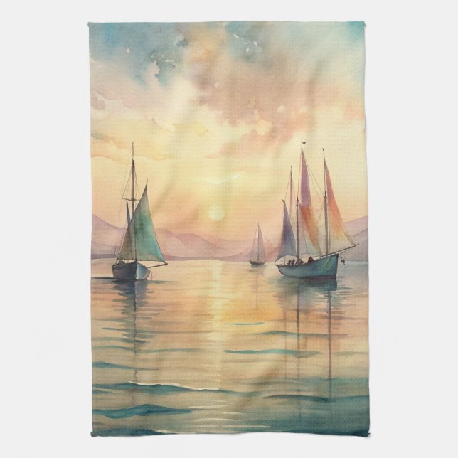 Sailing Boats in Sunset Tea Towel (Vertical)
