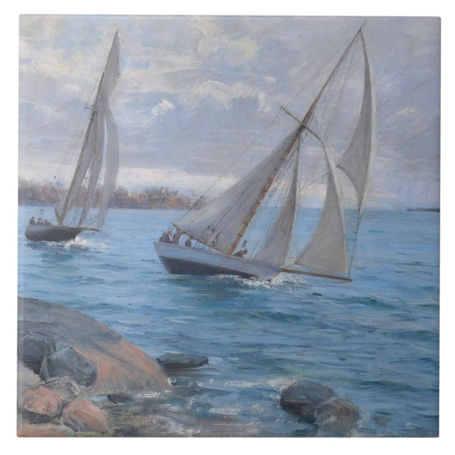 Sailing Boats on the River Ceramic Tile (Front)