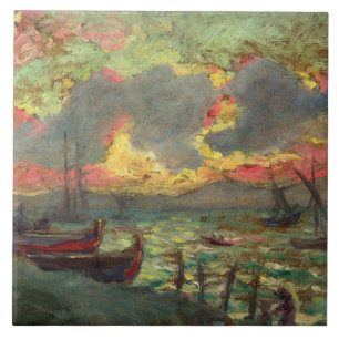 Sailing Boats on the Shore (by Kimon Loghi) Ceramic Tile