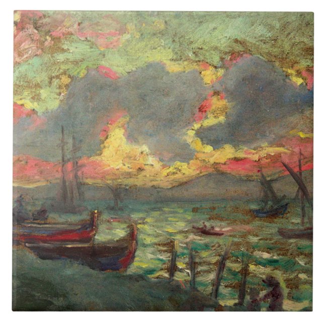 Sailing Boats on the Shore (by Kimon Loghi) Ceramic Tile (Front)