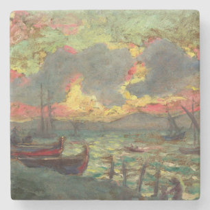 Sailing Boats on the Shore (by Kimon Loghi) Stone Coaster