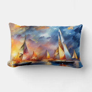 Sailing boats race abstract modern blue red sun lu lumbar cushion