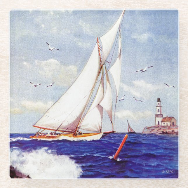 Sailing By The Lighthouse by Albert B. Marks Glass Coaster (Front)