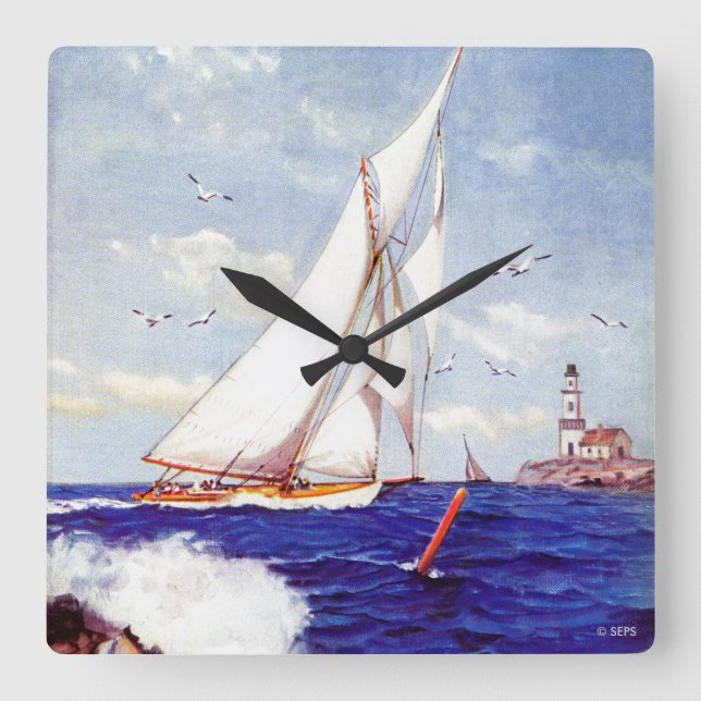 Sailing By The Lighthouse by Albert B. Marks Square Wall Clock (Front)