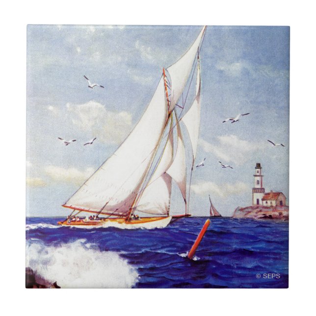 Sailing By The Lighthouse by Albert B. Marks Tile (Front)