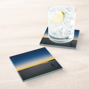 Sailing from the Harbour Blue Yellow Sunset Photo Glass Coaster