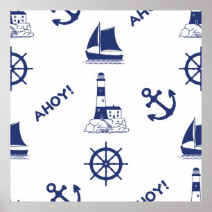Sailing Illustrative Big Pattern Navy Blue Poster