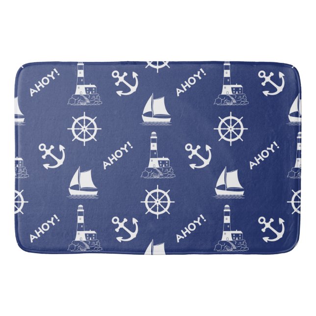 Sailing Illustrative Big Ptn White+Navy Blue Bath Mat (Front)