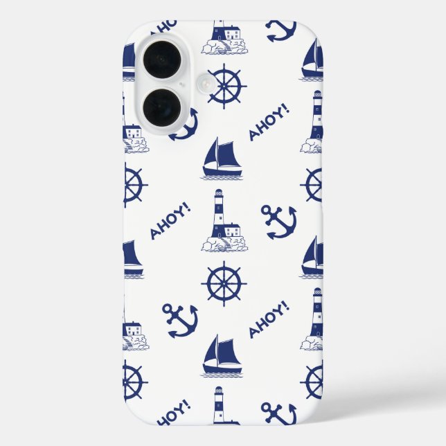 Sailing Illustrative Pattern Navy Blue+White Case-Mate iPhone Case (Back)