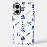 Sailing Illustrative Pattern Navy Blue+White