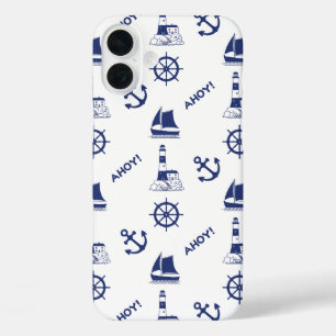 Sailing Illustrative Pattern Navy Blue+White iPhone 16 Plus Case