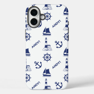 Sailing Illustrative Pattern Navy Blue+White iPhone 16 Plus Case