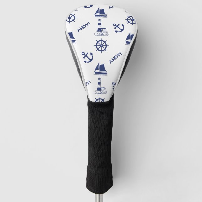 Sailing Illustrative Pattern Navy Blue+White Golf Head Cover (Front)