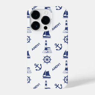 Sailing Illustrative Pattern Navy Blue+White iPhone 14 Pro Case