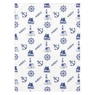 Sailing Illustrative Pattern Navy Blue+White Tablecloth