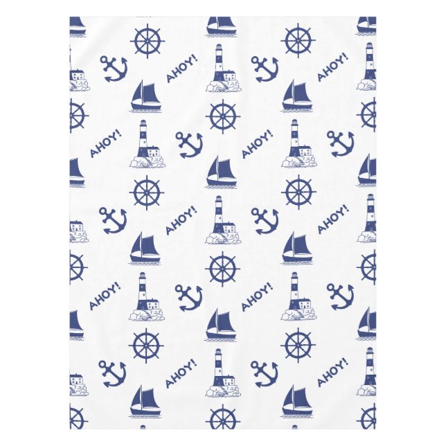 Sailing Illustrative Pattern Navy Blue+White Tablecloth (Front)