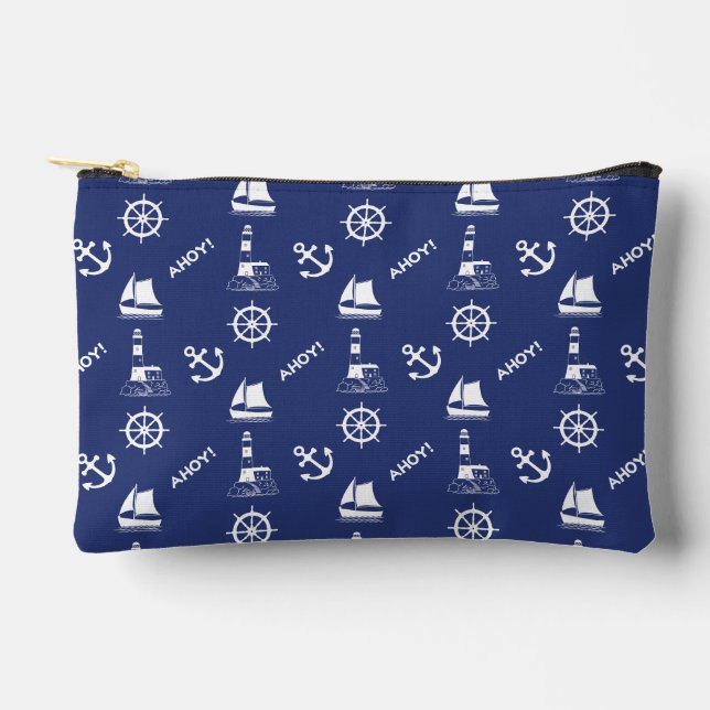 Sailing Illustrative Pattern White+Navy Blue Accessory Pouch (Front)
