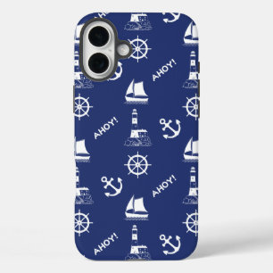 Sailing Illustrative Pattern White+Navy Blue iPhone 16 Plus Case