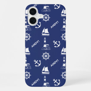 Sailing Illustrative Pattern White+Navy Blue iPhone 16 Plus Case