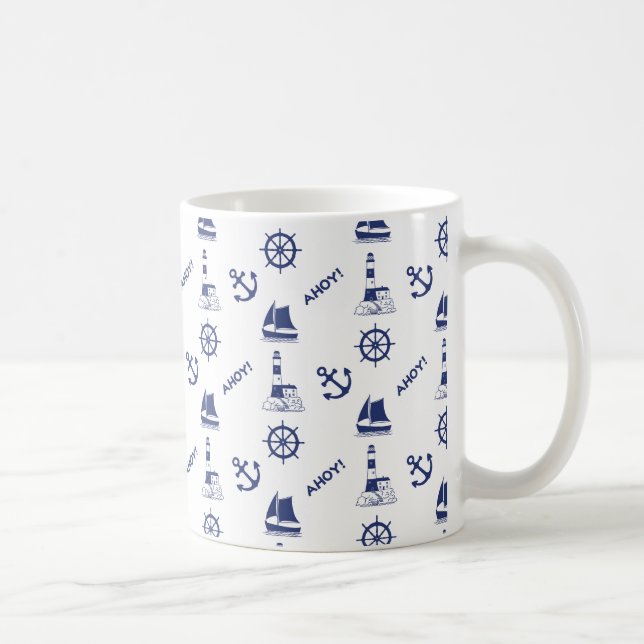 Sailing Illustrative Rpt Pattern Navy Blue+White Coffee Mug (Right)