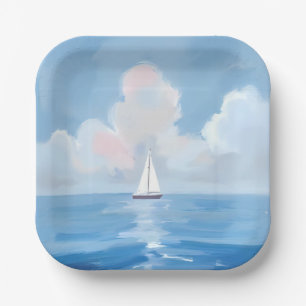 Sailing in Blue Coastal Sailboat Ocean Painting Paper Plate