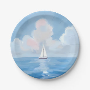 Sailing in Blue   Coastal Sailboat Ocean Painting Paper Plate