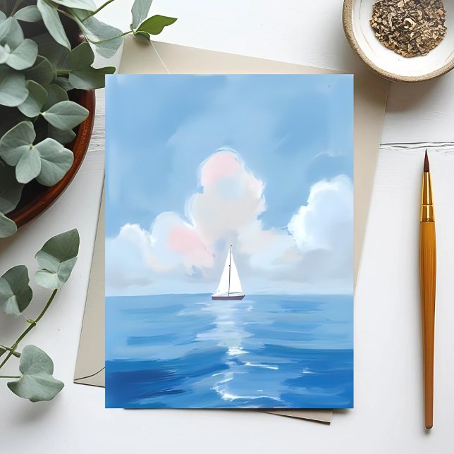 Sailing in Blue | Coastal Sailboat Ocean Painting Postcard (Creator Uploaded)