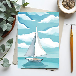 Sailing in Blue   Watercolor Aqua Ocean Waves Postcard