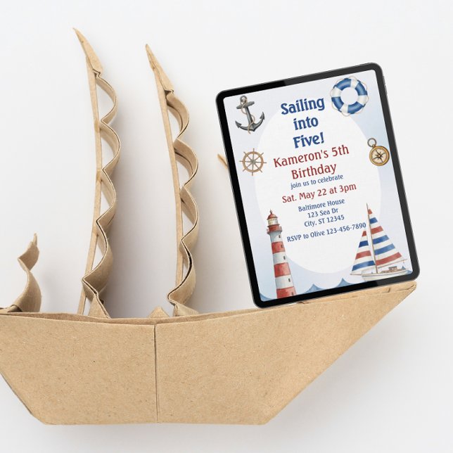 Sailing into Five, Watercolor 5th Birthday Invitation (Creator Uploaded)