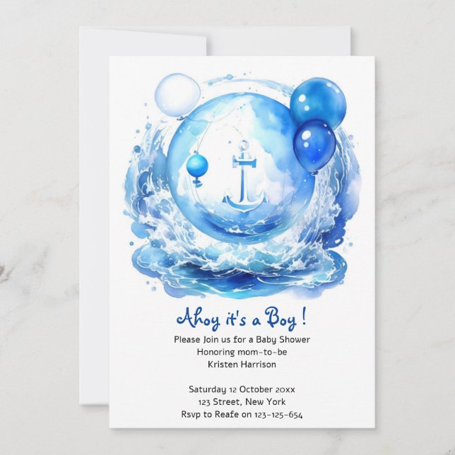 Sailing into Happiness: Watercolor Boy Baby Shower Invitation (Front)