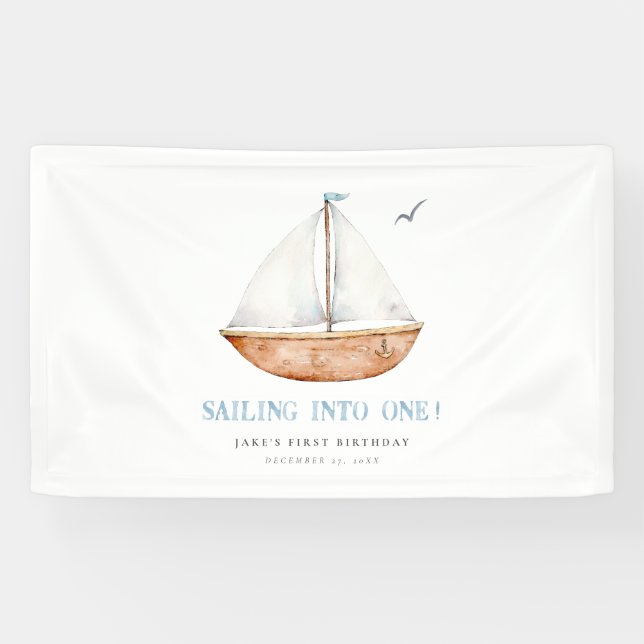 Sailing Into One Nautical Birthday Banner  (Horizontal)