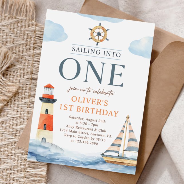 Sailing Into One Nautical Blue 1st Birthday Invitation (Creator Uploaded)