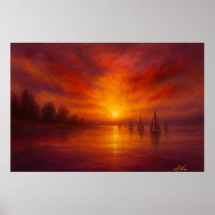 Sailing into Sunset - Fiery Sky Over Calm Waters Poster