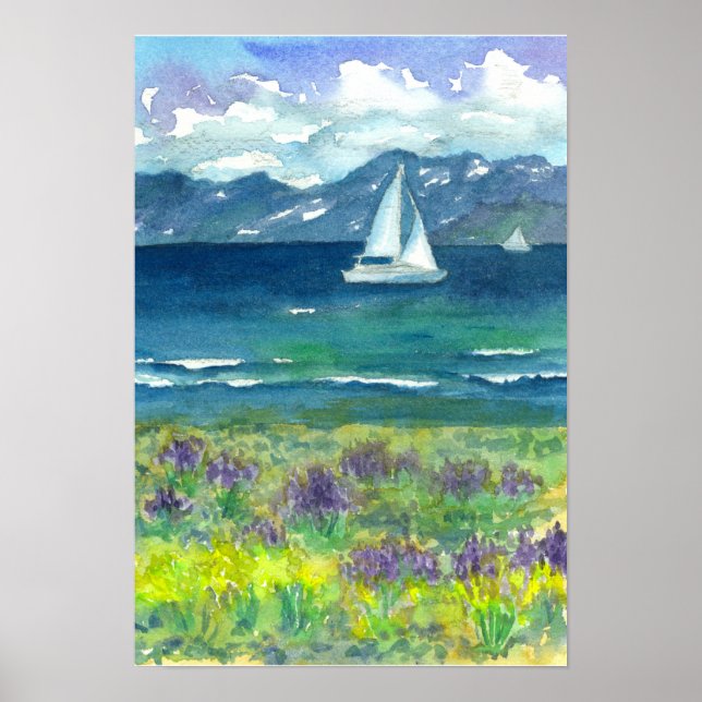 Sailing Mountain Lake Purple Watercolor Lupines Poster (Front)