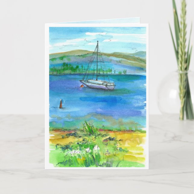 Sailing Mountain Lake Watercolor Happy Birthday Card (Front)