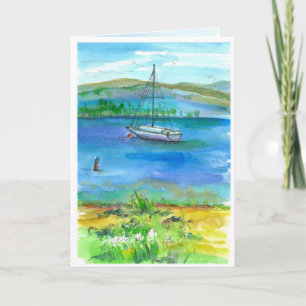 Sailing Mountain Lake Watercolor Happy Birthday Card